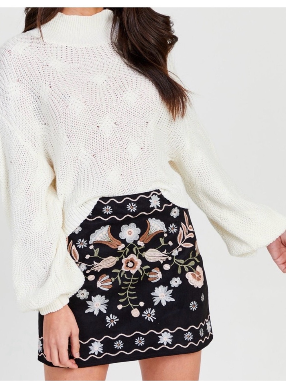 Francesca's Collections Black Mini Skirt with Multicolor Floral Embroidery